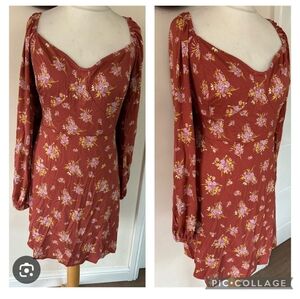 ASOS Floral Sweetheart Long Sleeve Orange Pink Mini Dress Skater US 14